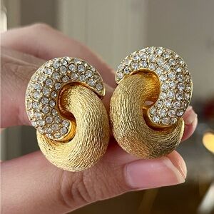 Vintage Christian Dior Classic Chain Knot Rope Rhinestone Brushed Gold Earrings